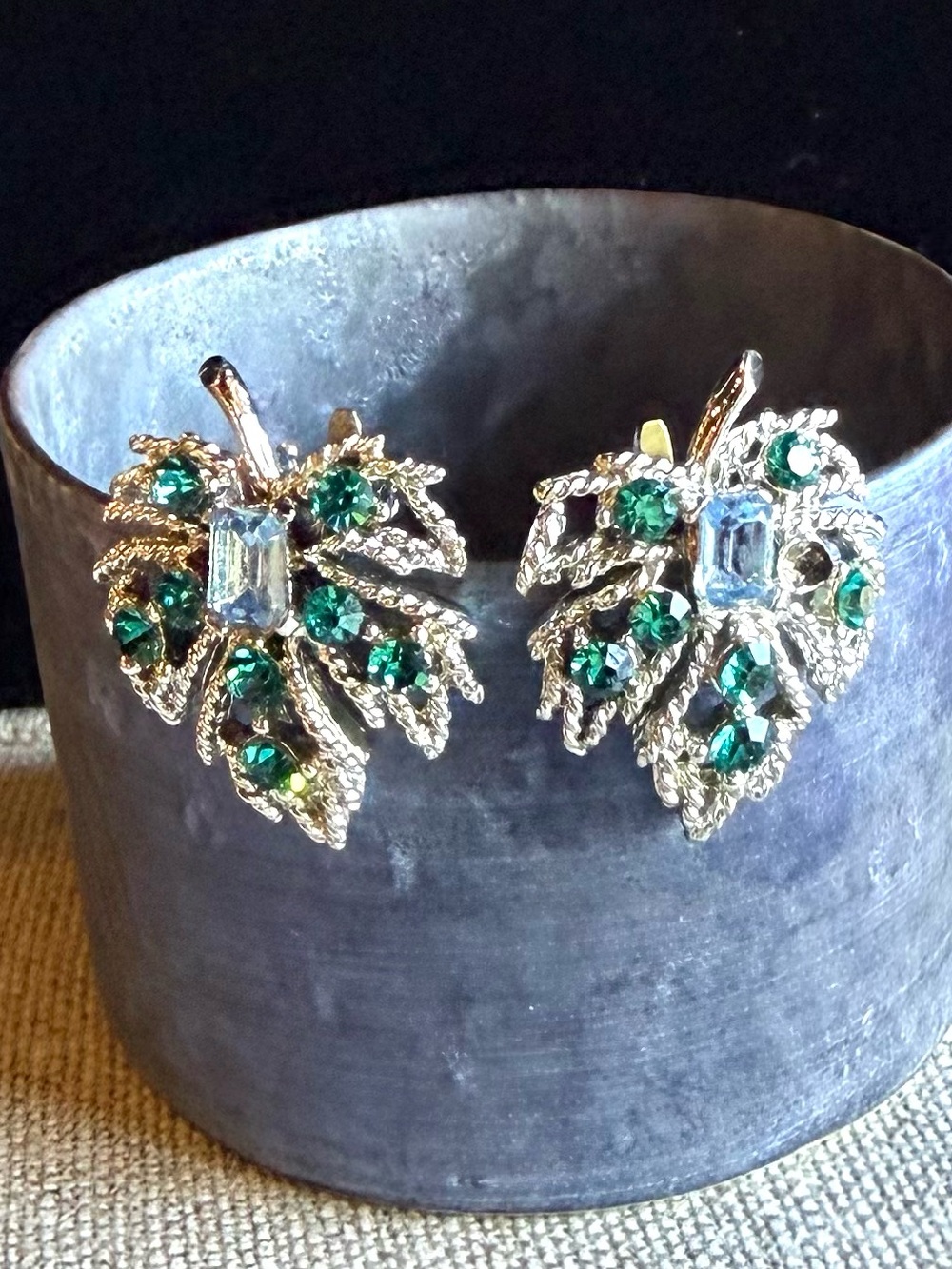 Vintage Silver Flame Leaf Earrings with Emerald And Sapphire Colored Stones